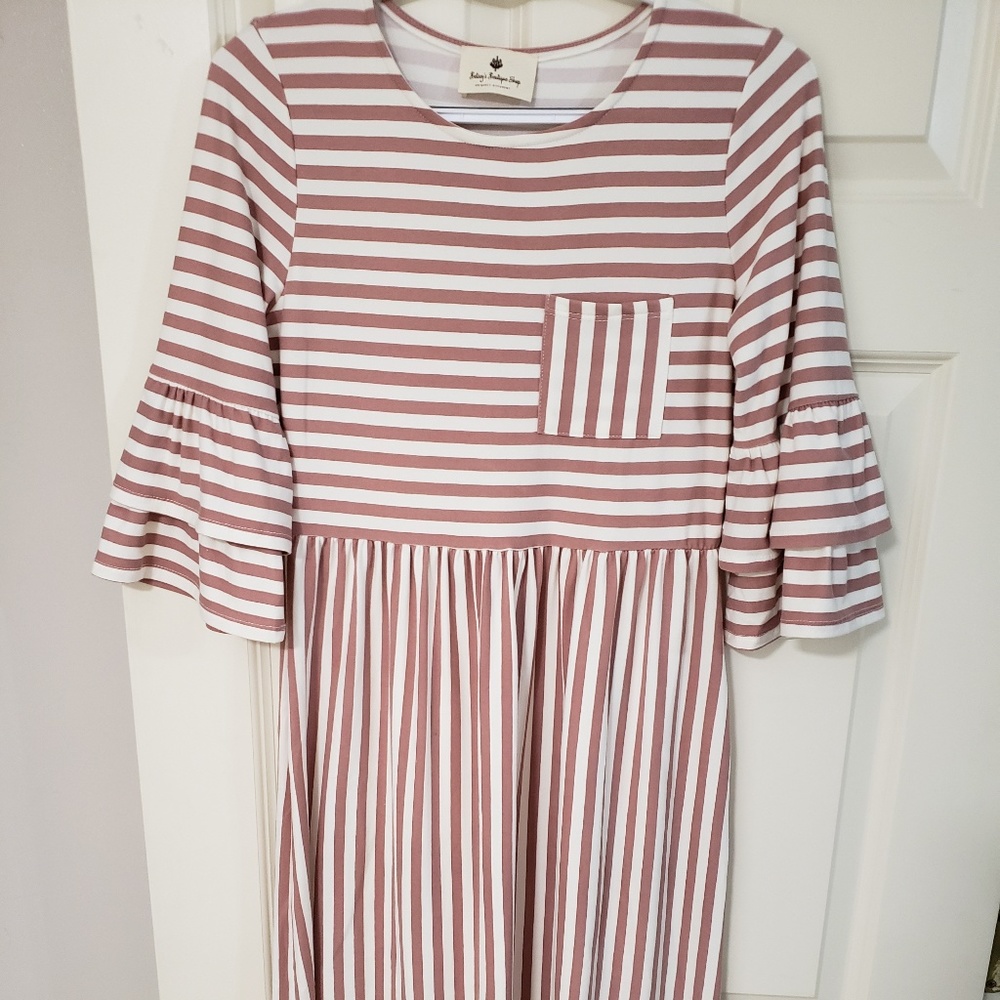 Pink Striped Double Bell Sleeve Midi Dress, NWOT